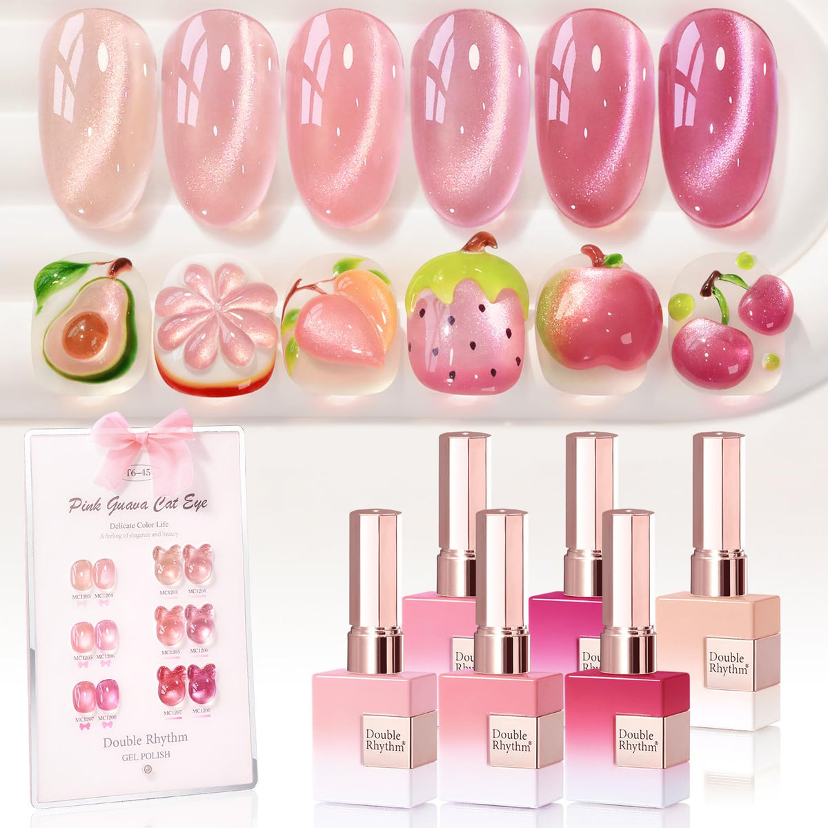 Double Rhythm front view of six glass nude pink bottles showing consistent shade and shine