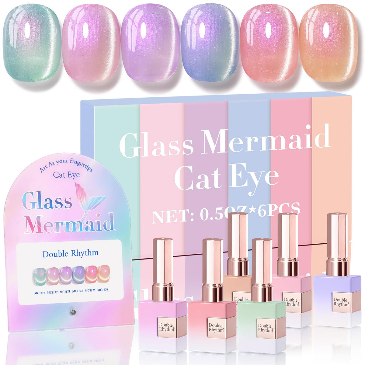 Double Rhythm front view of six Mermaid Pink bottles showing consistent color and brand benefit