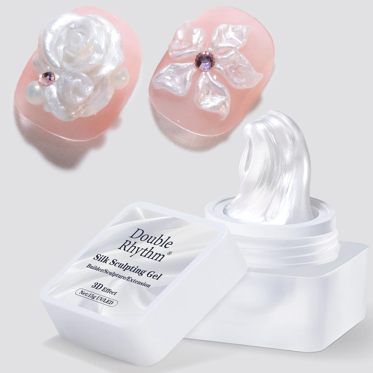 Double Rhythm jar front view showing Silver-Silk pearl gel and clear label, professional look