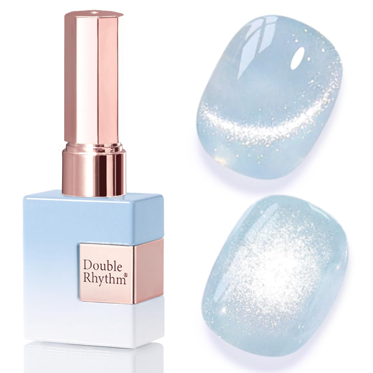 Double Rhythm front label showing light blue holographic polish and brand