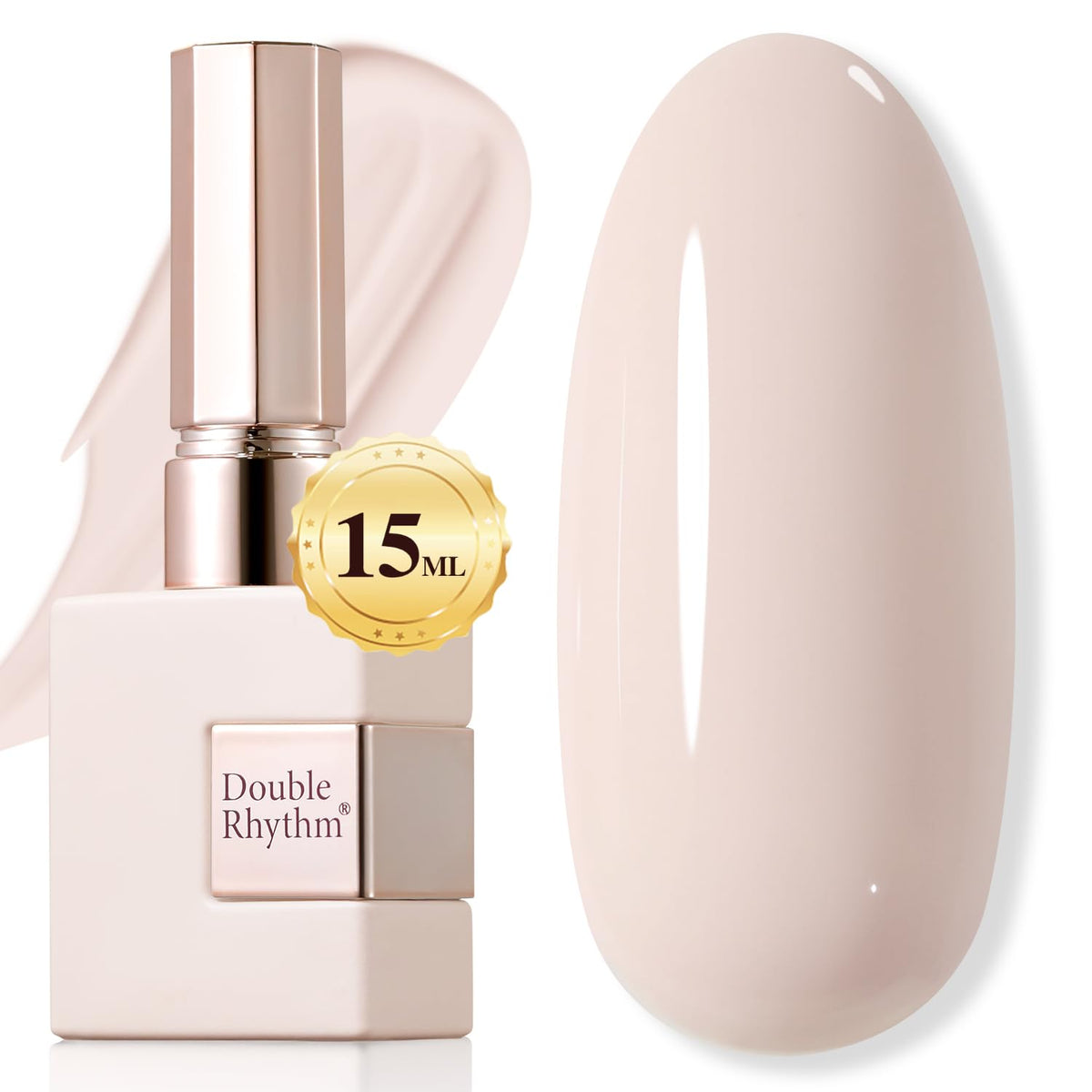Double Rhythm front packaging showing beige pink bottle and benefit of salon finish