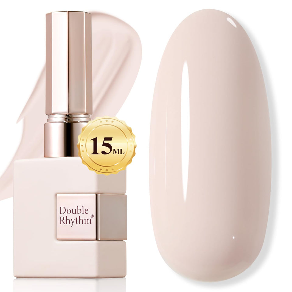 Double Rhythm front packaging showing beige pink bottle and benefit of salon finish