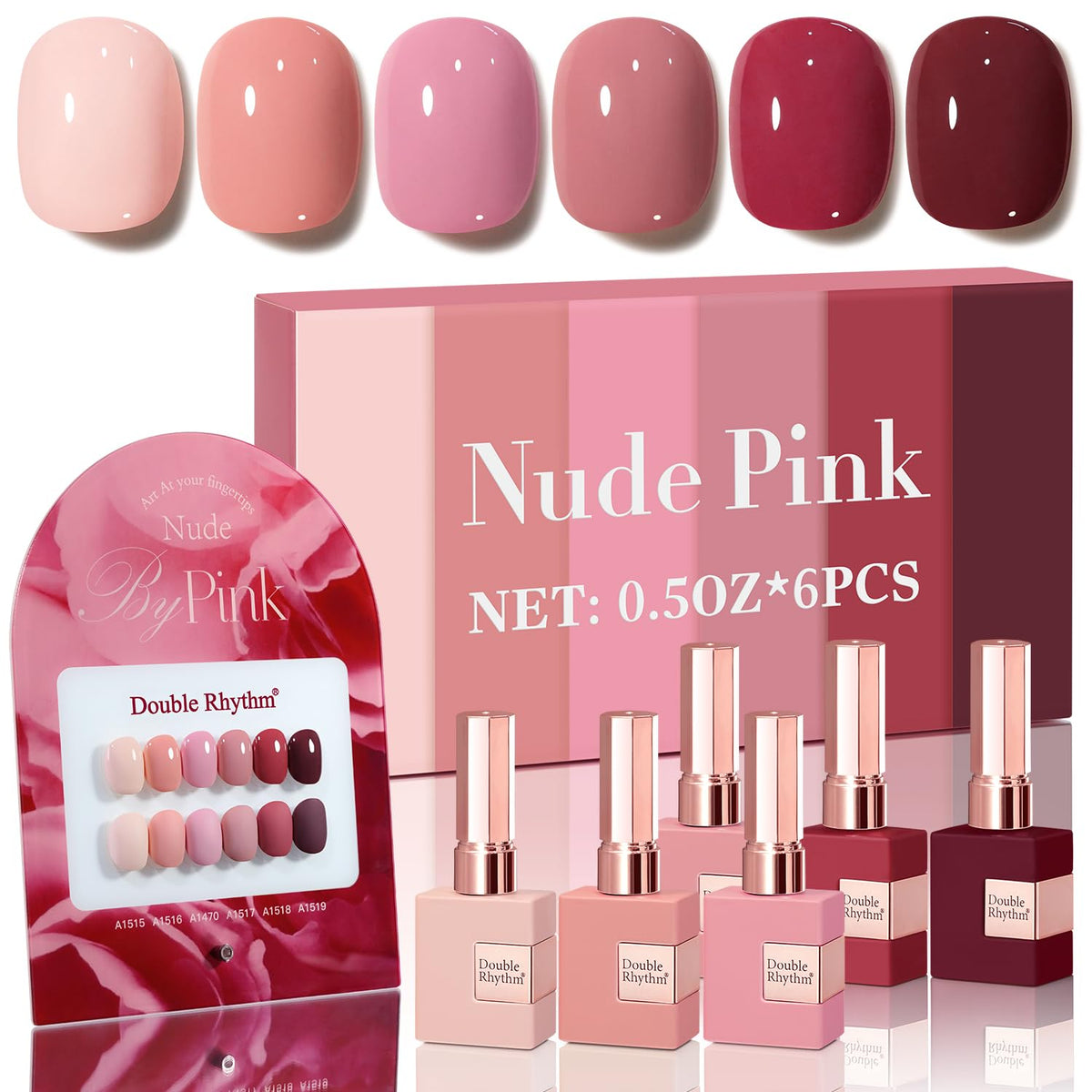 Double Rhythm front packaging showing six matching color bottles and kit benefit