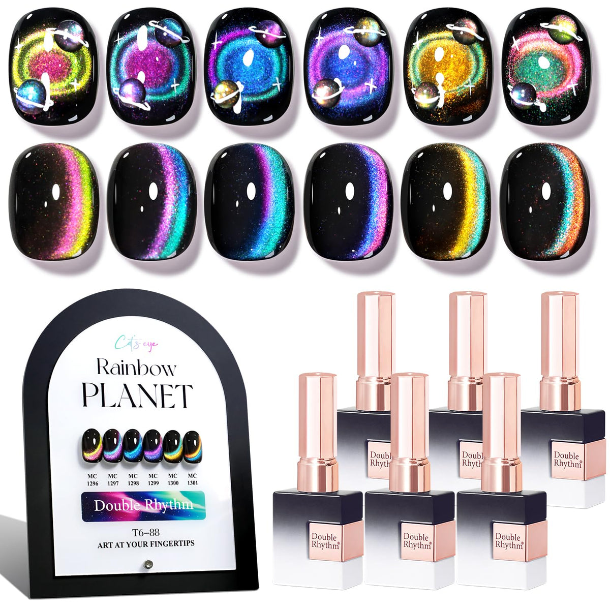 Double Rhythm front packaging showing six holographic bottles and kit benefits
