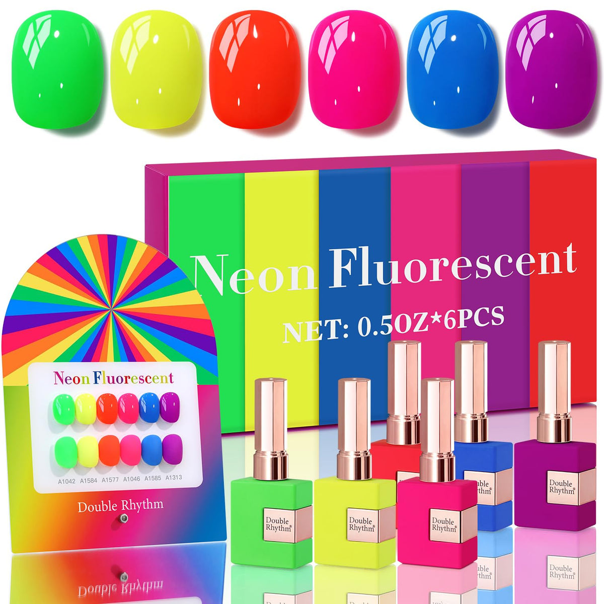 Double Rhythm front packaging showing six neon gel bottles, guarantees vivid color