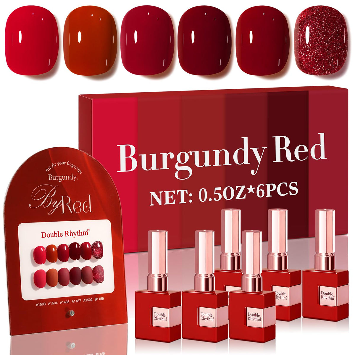 Double Rhythm front packaging showing six identical burgundy bottles and value