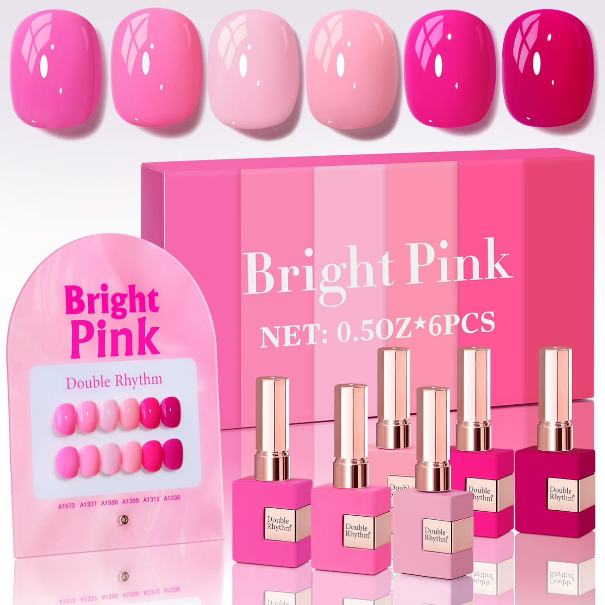 Double Rhythm front packaging showing six matching neon bottles and benefit: uniform color supply