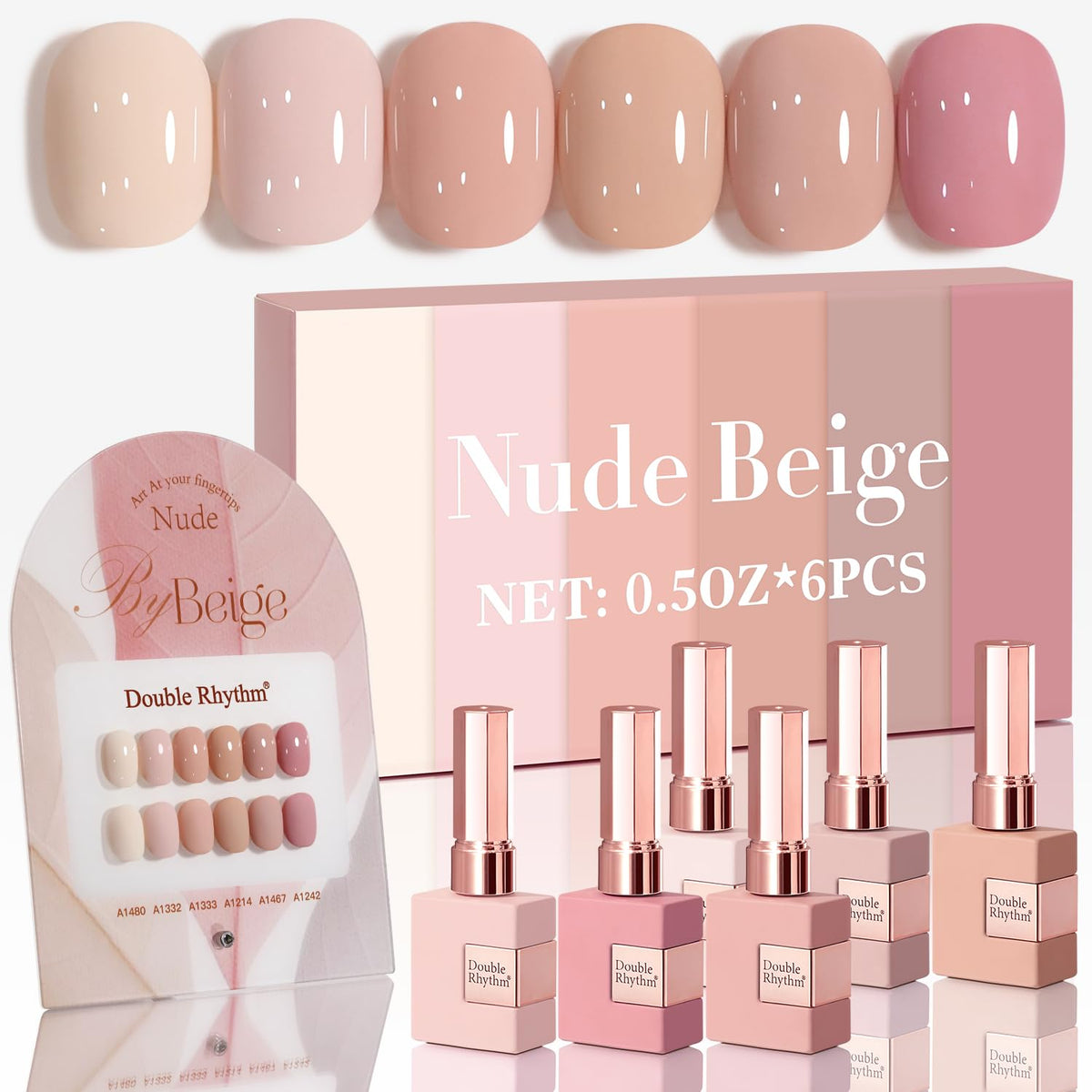 Double Rhythm front packaging showing six identical nude-rose bottles for consistent color