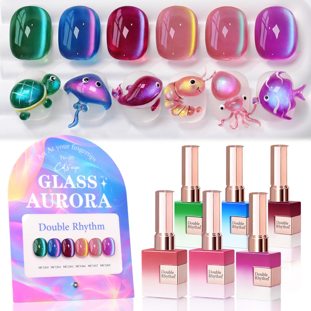 Double Rhythm front packaging showing six Glass Galaxy Green bottles and powders, highlights convenience
