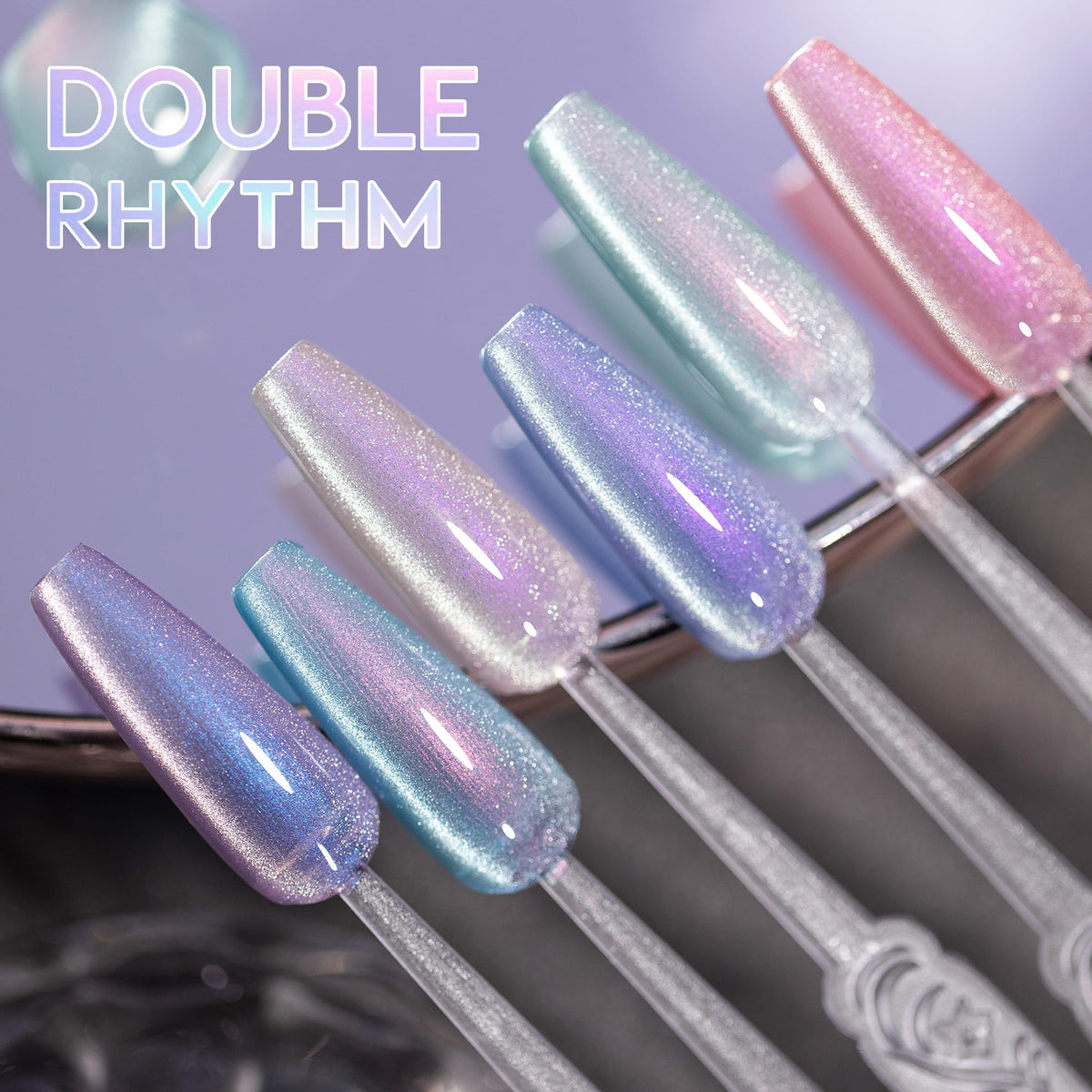 Double Rhythm holographic nail swatch reflecting light to show shimmering reflective finish