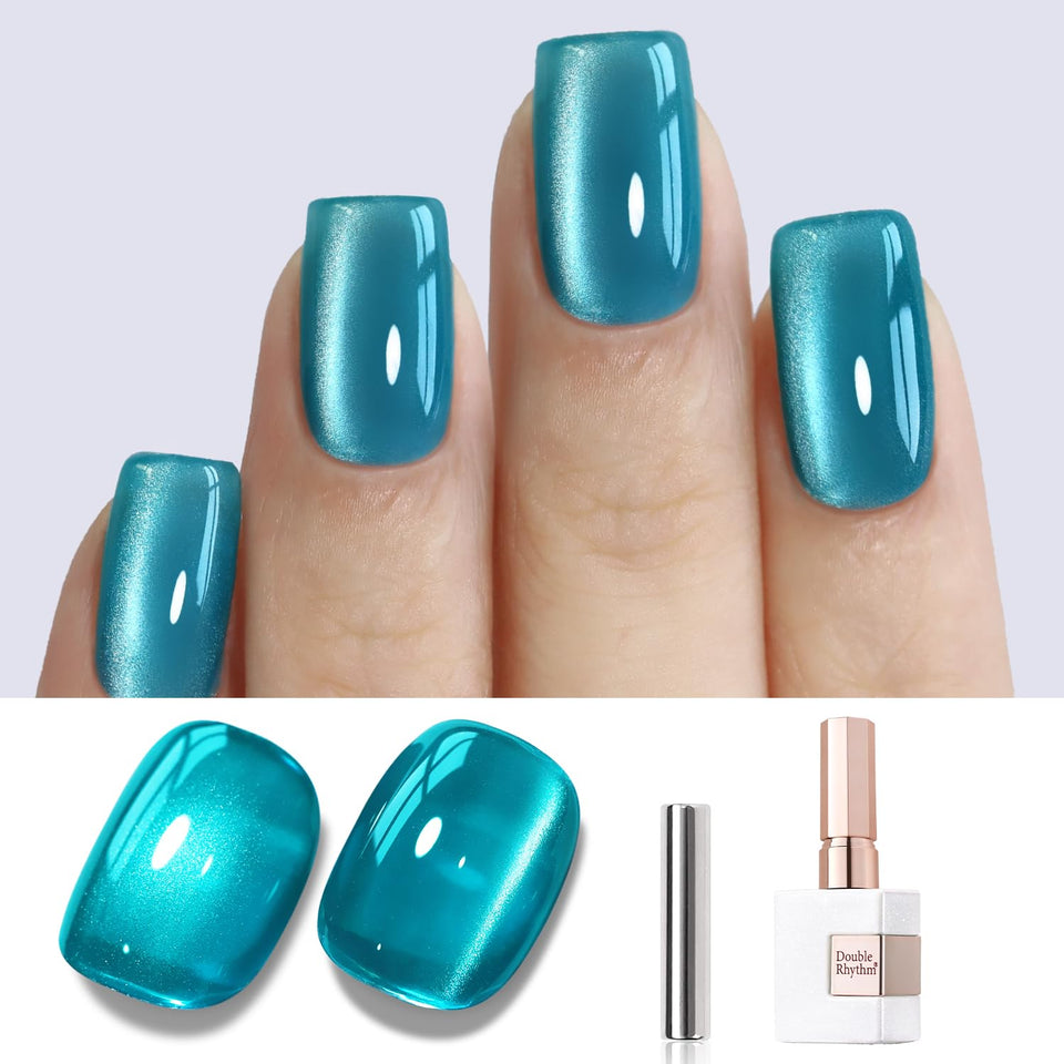 Double Rhythm bottle front view showing the jelly teal color and shimmer benefit
