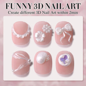 Double Rhythm finished manicure on hands showcasing pearl shine and sculpted details