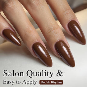 Double Rhythm lifestyle shot of woman wearing deep brown nails for polished look benefit