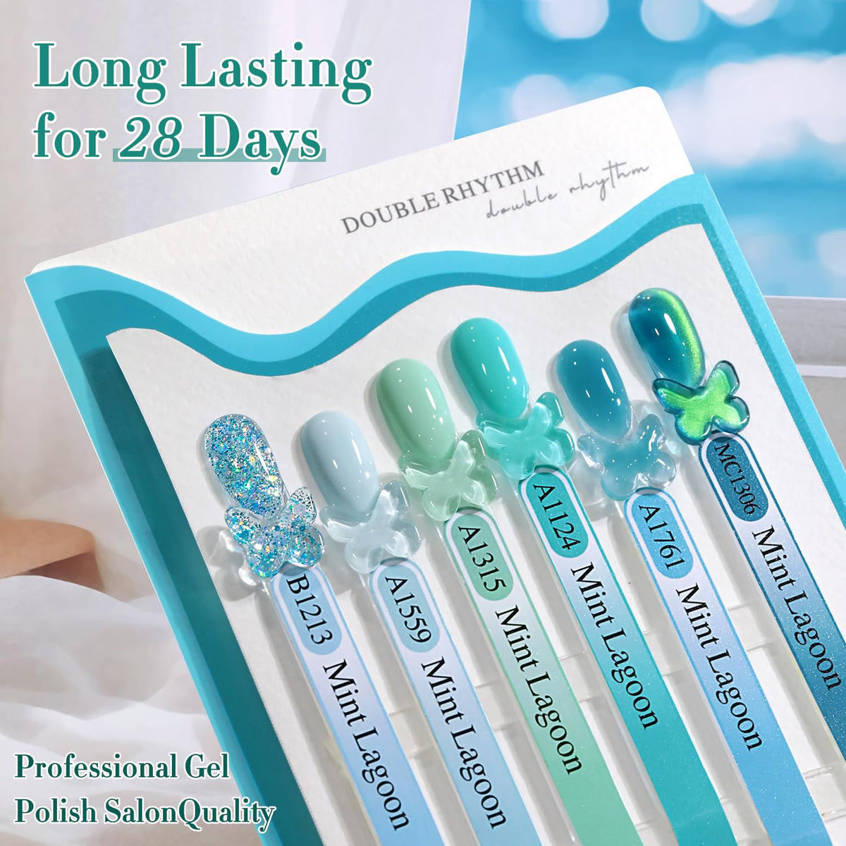 Double Rhythm finished manicure in lifestyle scene showing wearable teal elegance