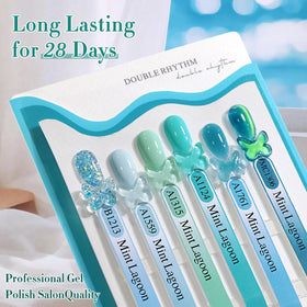 Double Rhythm finished manicure in lifestyle scene showing wearable teal elegance