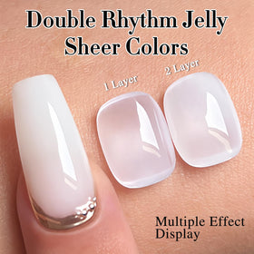 Double Rhythm polished nail on finger with milky finish demonstrating glossy natural look