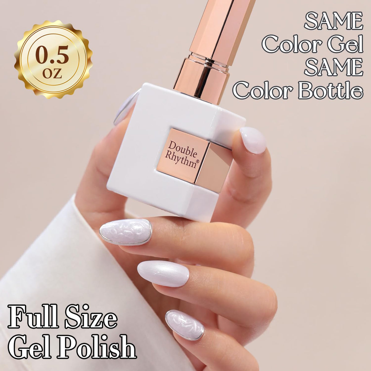 Double Rhythm nail swatch on model hand demonstrating pearl-white shine and elegant finish