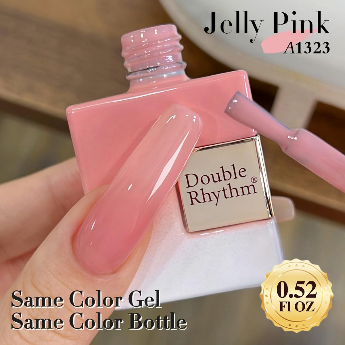 Double Rhythm nail swatch on hand model demonstrating natural glossy finish benefit