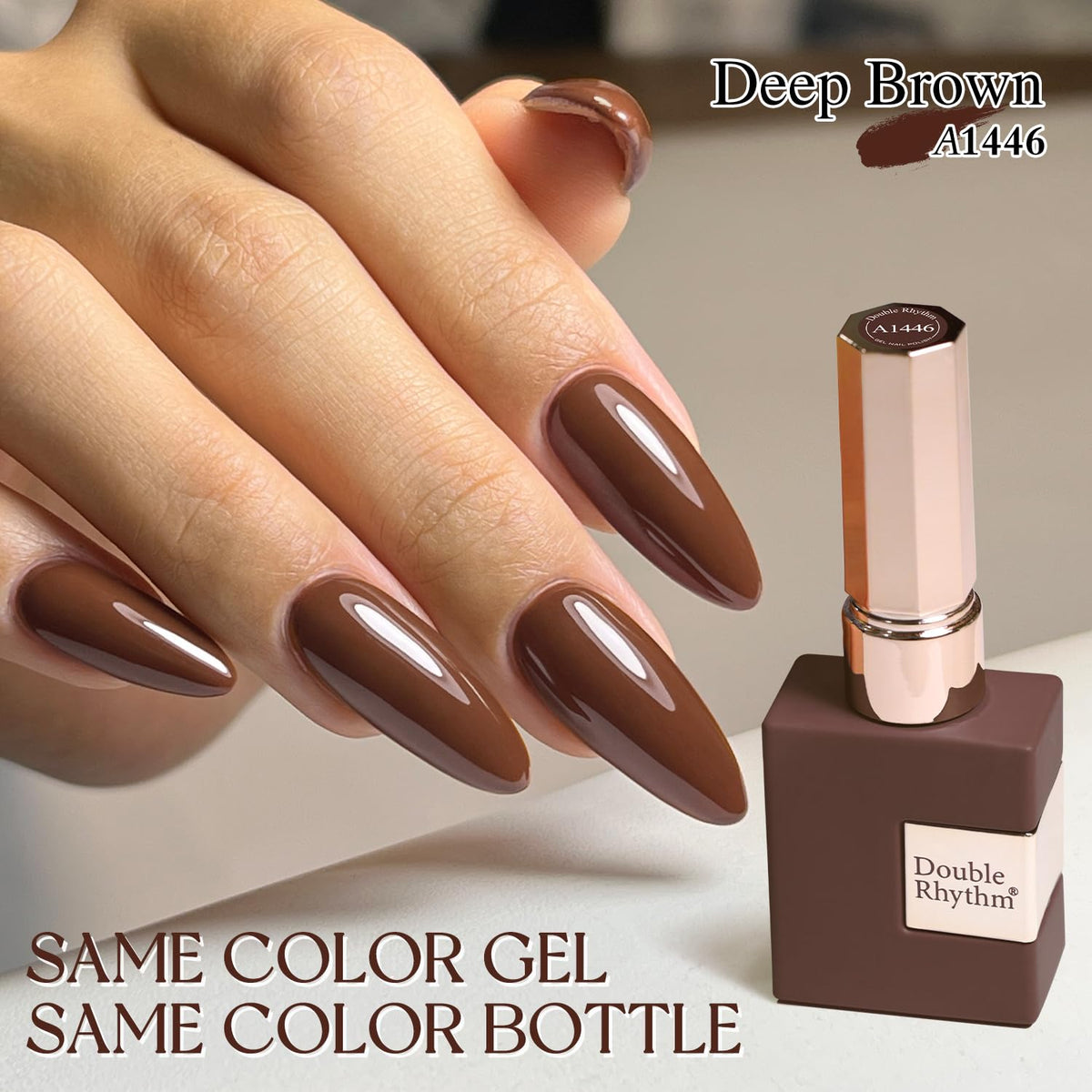 Double Rhythm nail swatch on hand showing rich brown finish and salon gloss benefit