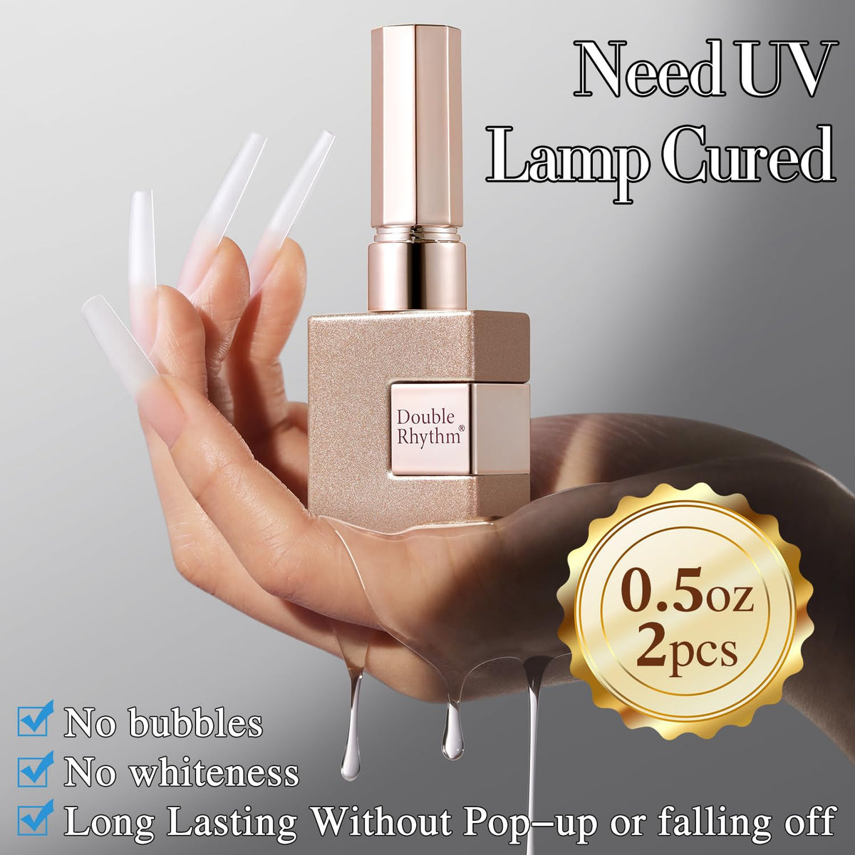 Double Rhythm securing a press-on nail with gel for long-lasting wear