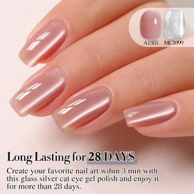 Double Rhythm finished manicure in salon lighting showing glossy holographic nails benefit