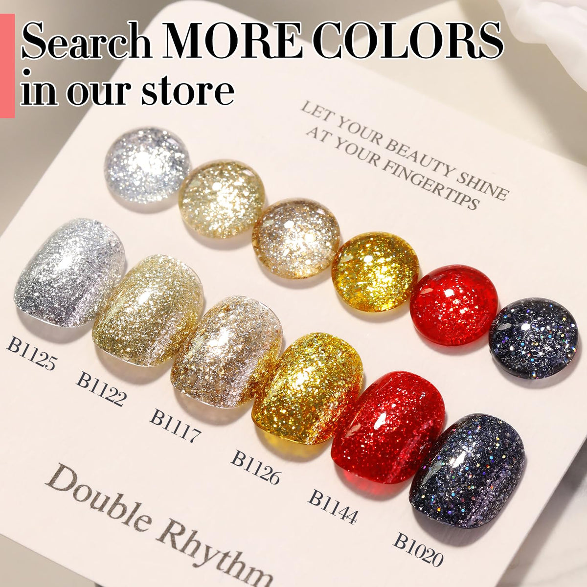 Double Rhythm nails in use with cured silver sparkle giving salon-quality shine