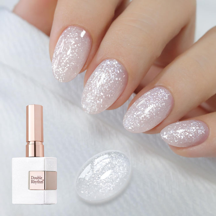 Double Rhythm front bottle showing snow glitter polish and 15ml size for easy identification