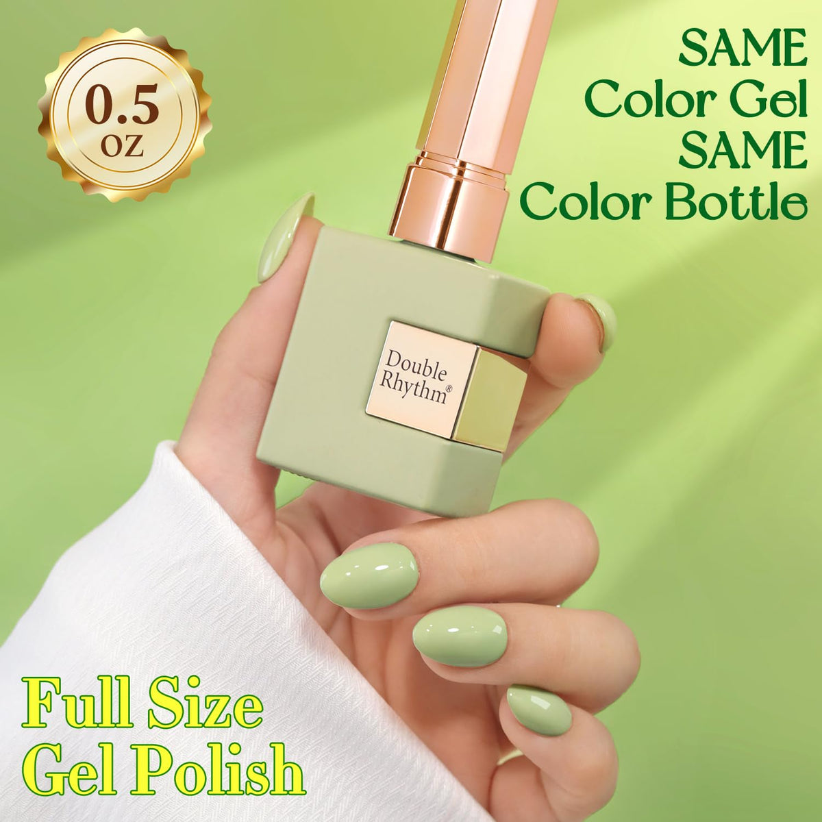 Double Rhythm manicured hands wearing Stone Green, demonstrating long-lasting glossy wear