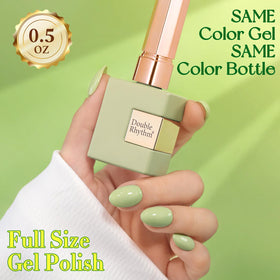 Double Rhythm manicured hands wearing Stone Green, demonstrating long-lasting glossy wear