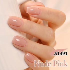 Double Rhythm swatch on fingers showing milky nude-pink finish and natural look benefit