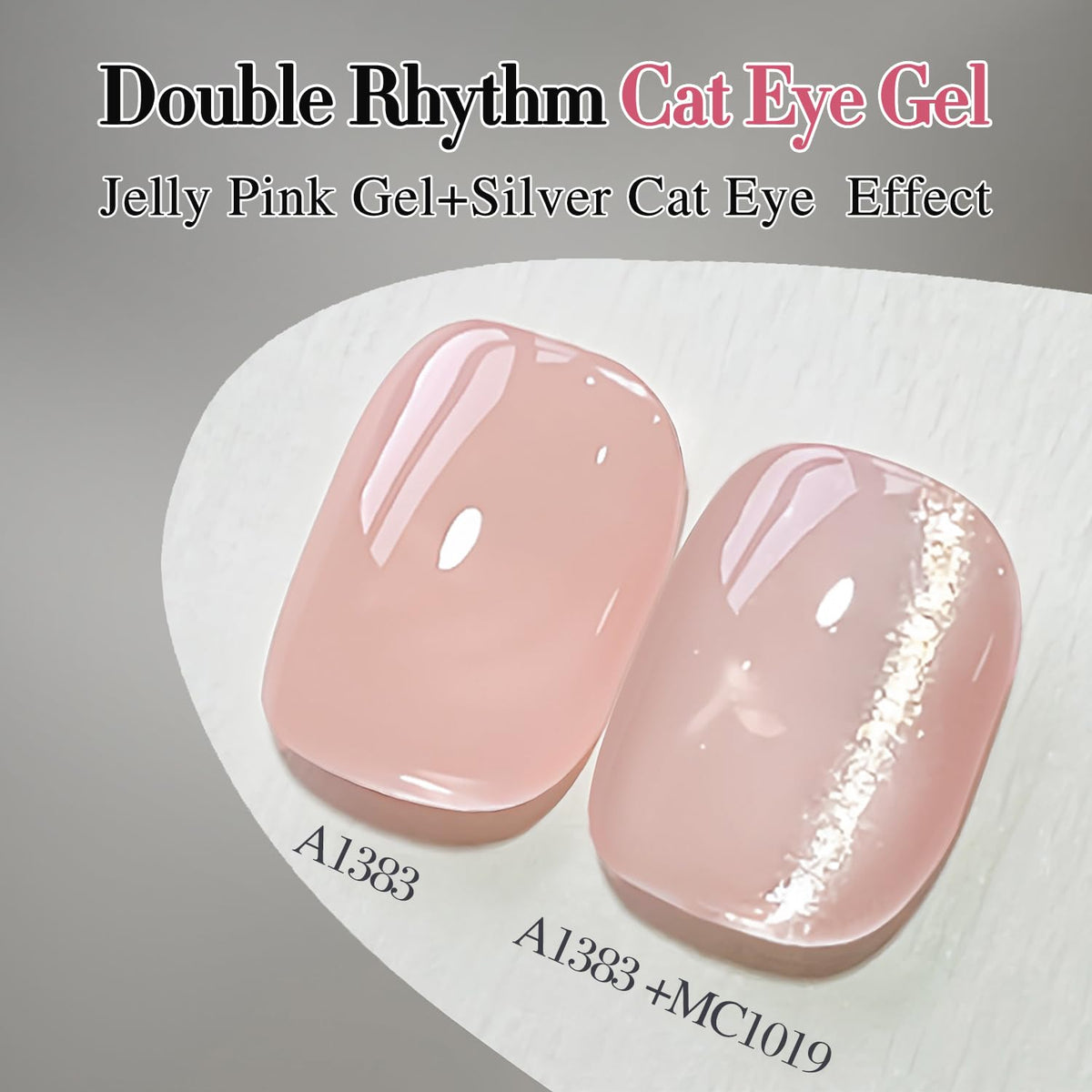 Double Rhythm swatch over black base illustrating bold holographic cat-eye contrast
