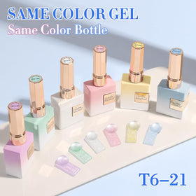 Double Rhythm color swatch fan displaying pearl pink, white, green, blue, purple benefits