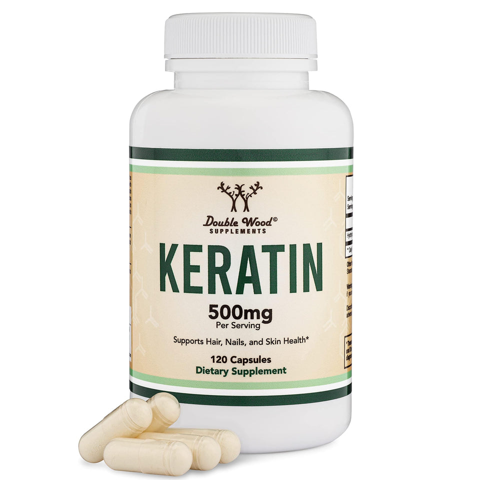 Double Wood keratin bottle front view showing label and 120 vegan capsules benefit
