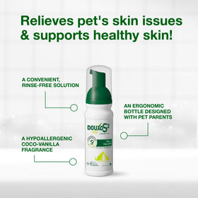 Before and after coat images with Douxo showing reduced dandruff and cleaner fur