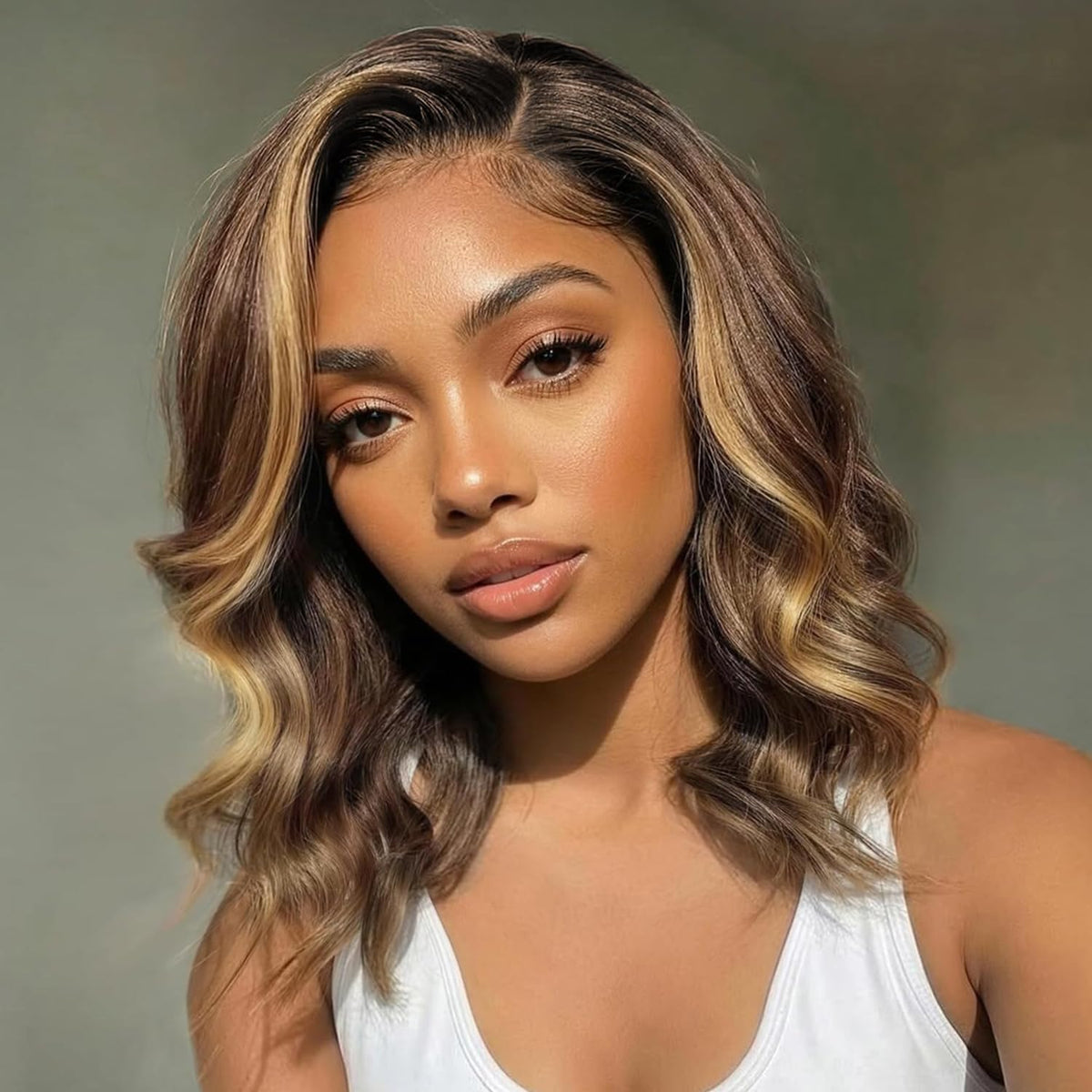 Douyin front view honey blonde bob showcasing natural salon finish