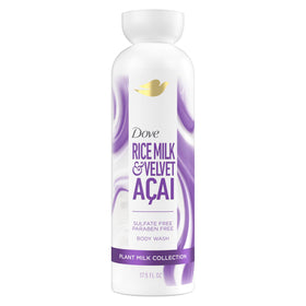 Dove bottle front packaging showing Acai & Rice Milk scent and moisturizing benefit