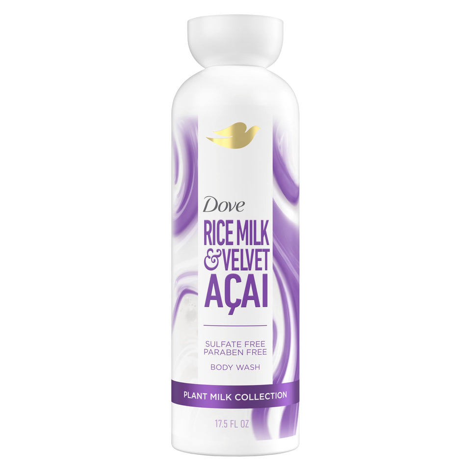 Dove bottle front packaging showing Acai & Rice Milk scent and moisturizing benefit
