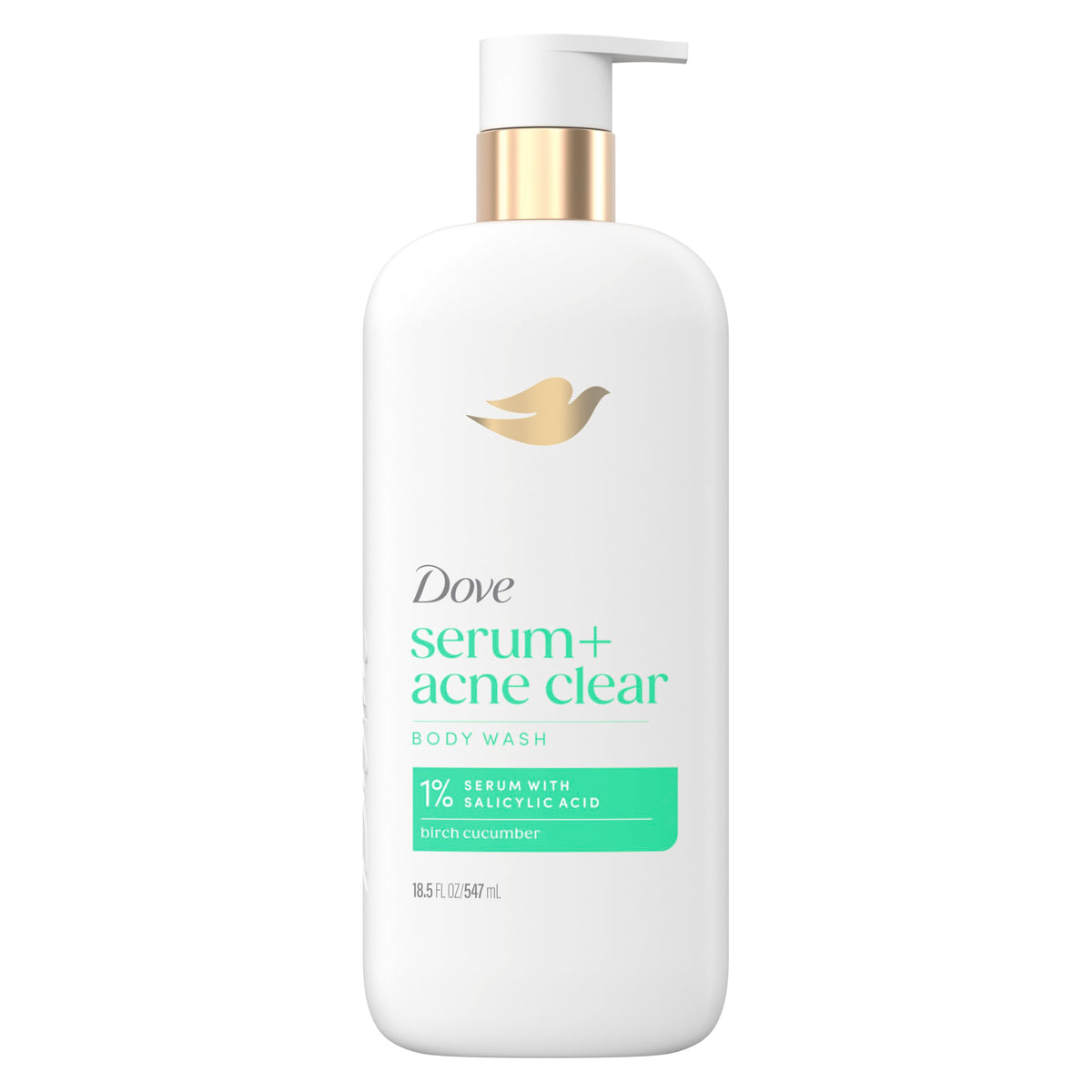 Dove bottle front view showing product label and acne-care benefits for clear skin