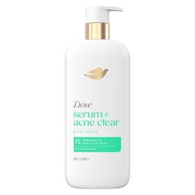 Dove bottle front view showing product label and acne-care benefits for clear skin