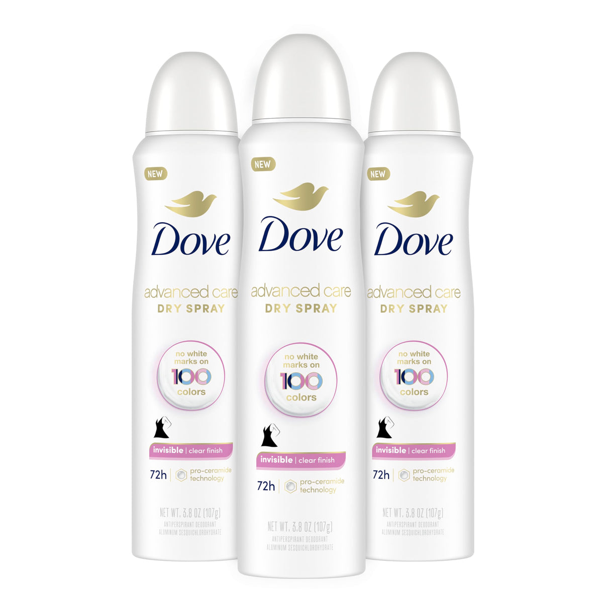 Dove spray front packaging showing clear finish and 72-hour protection benefit