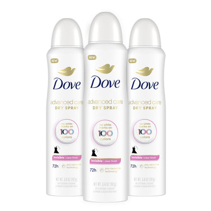 Dove spray front packaging showing clear finish and 72-hour protection benefit