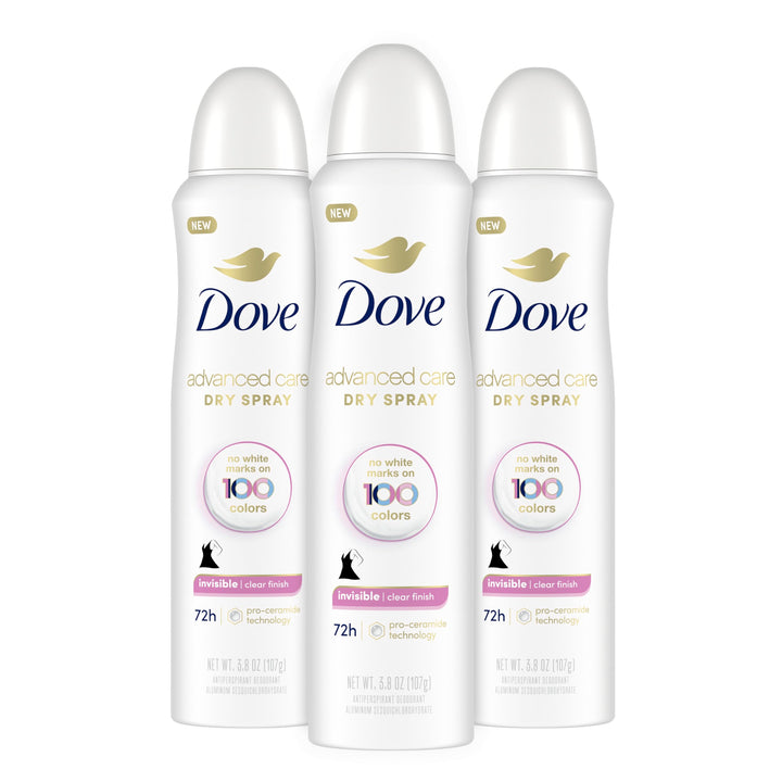 Dove spray front packaging showing clear finish and 72-hour protection benefit