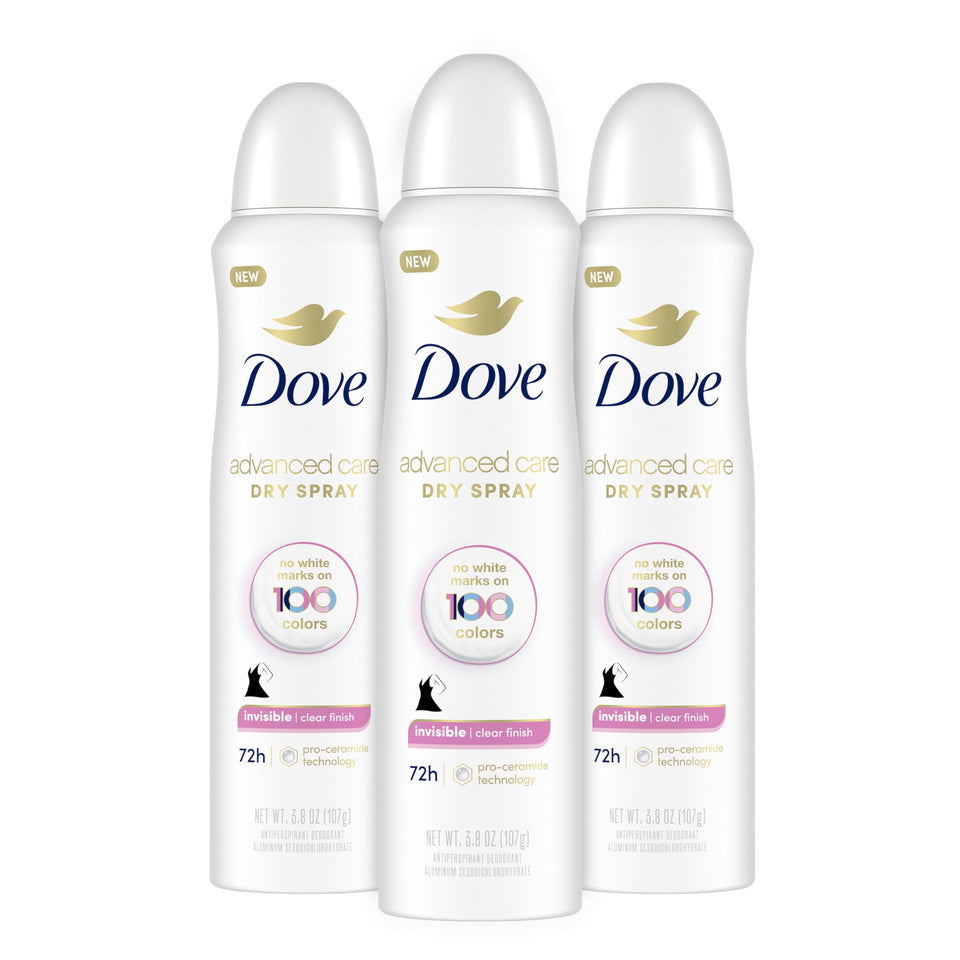 Dove spray front packaging showing clear finish and 72-hour protection benefit