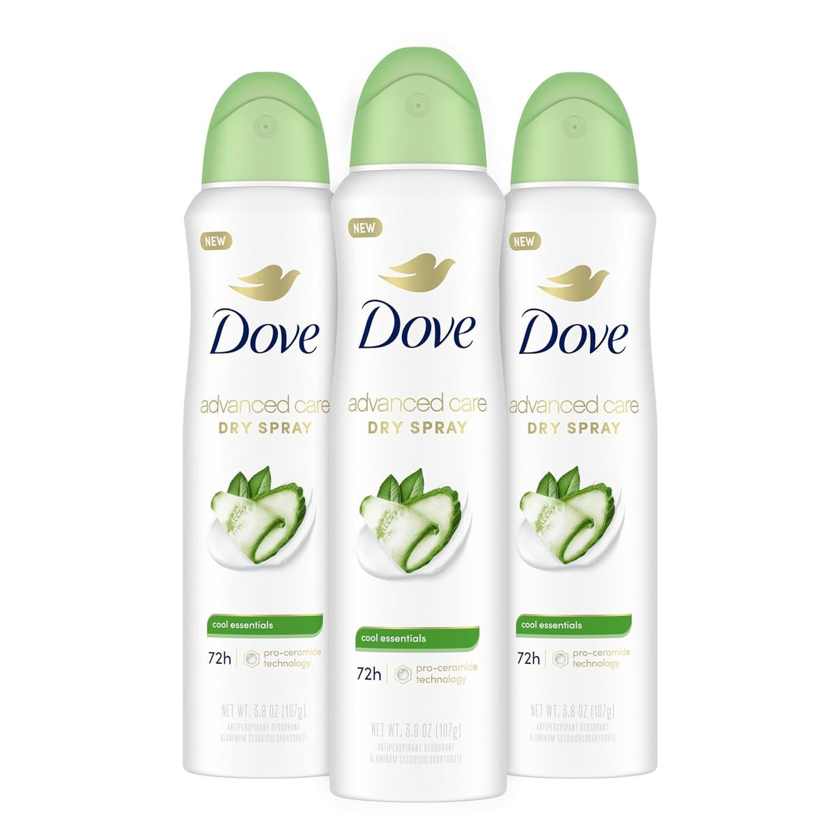 Dove Advanced Care front packaging showing 3-pack and Cool Essentials benefits