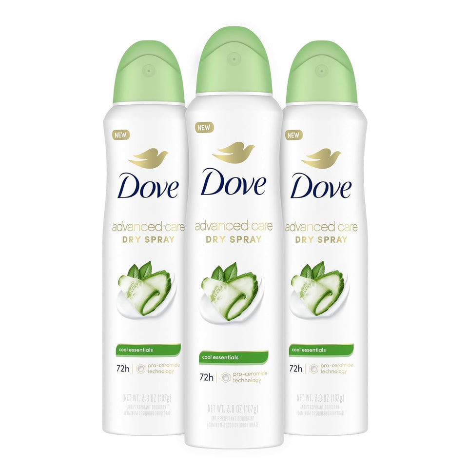 Dove Advanced Care front packaging showing 3-pack and Cool Essentials benefits