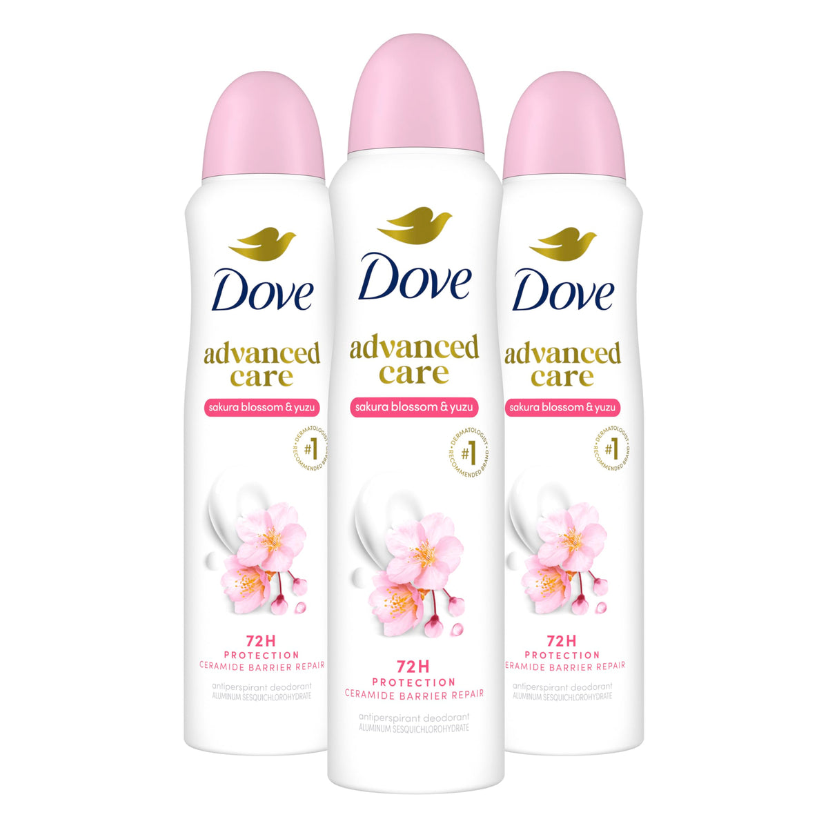 Dove front packaging showing sakura blossom and yuzu scent and 72-hour protection