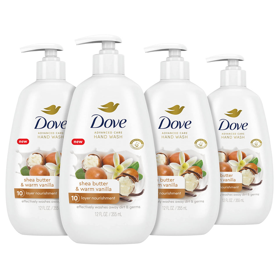 Dove bottle front packaging showing shea butter vanilla label and moisturizing benefit