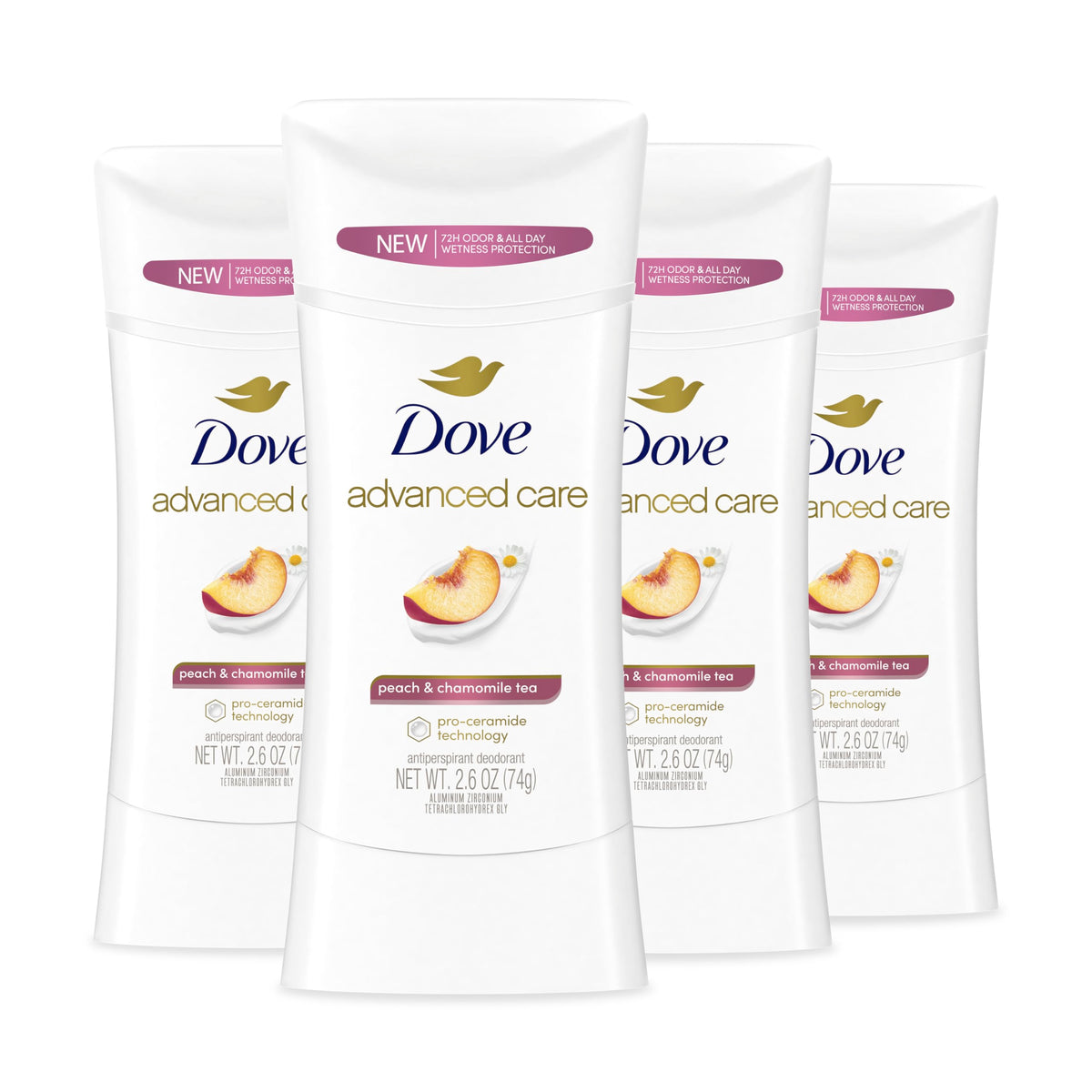 Dove front packaging showing peach and chamomile scent and lasting protection benefit