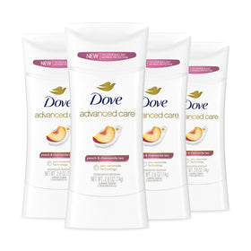 Dove front packaging showing peach and chamomile scent and lasting protection benefit