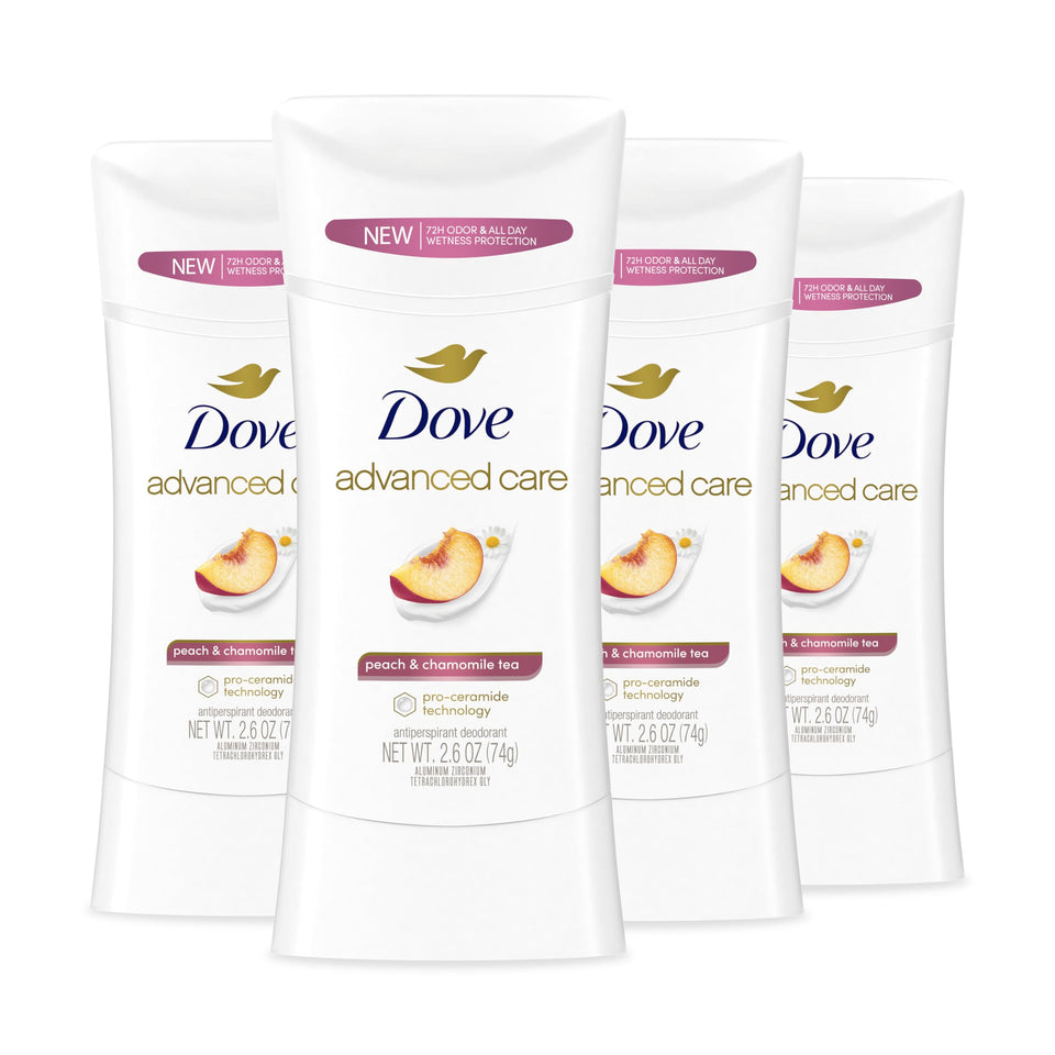 Dove front packaging showing peach and chamomile scent and lasting protection benefit